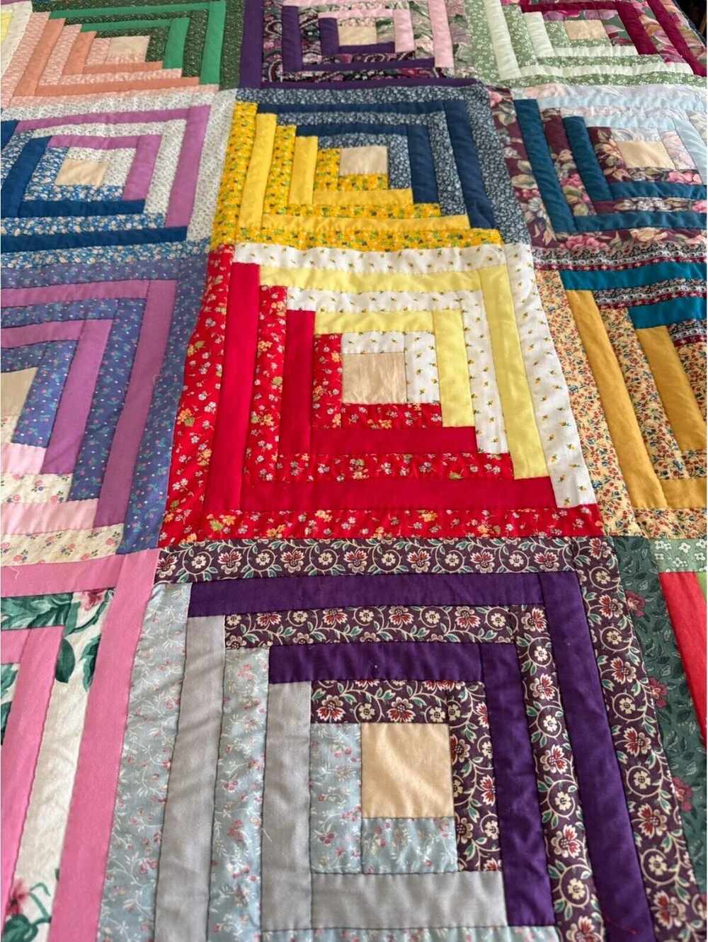 Handmade Log Cabin Quilt Vintage Patchwork Colorful Cotton Throw 54